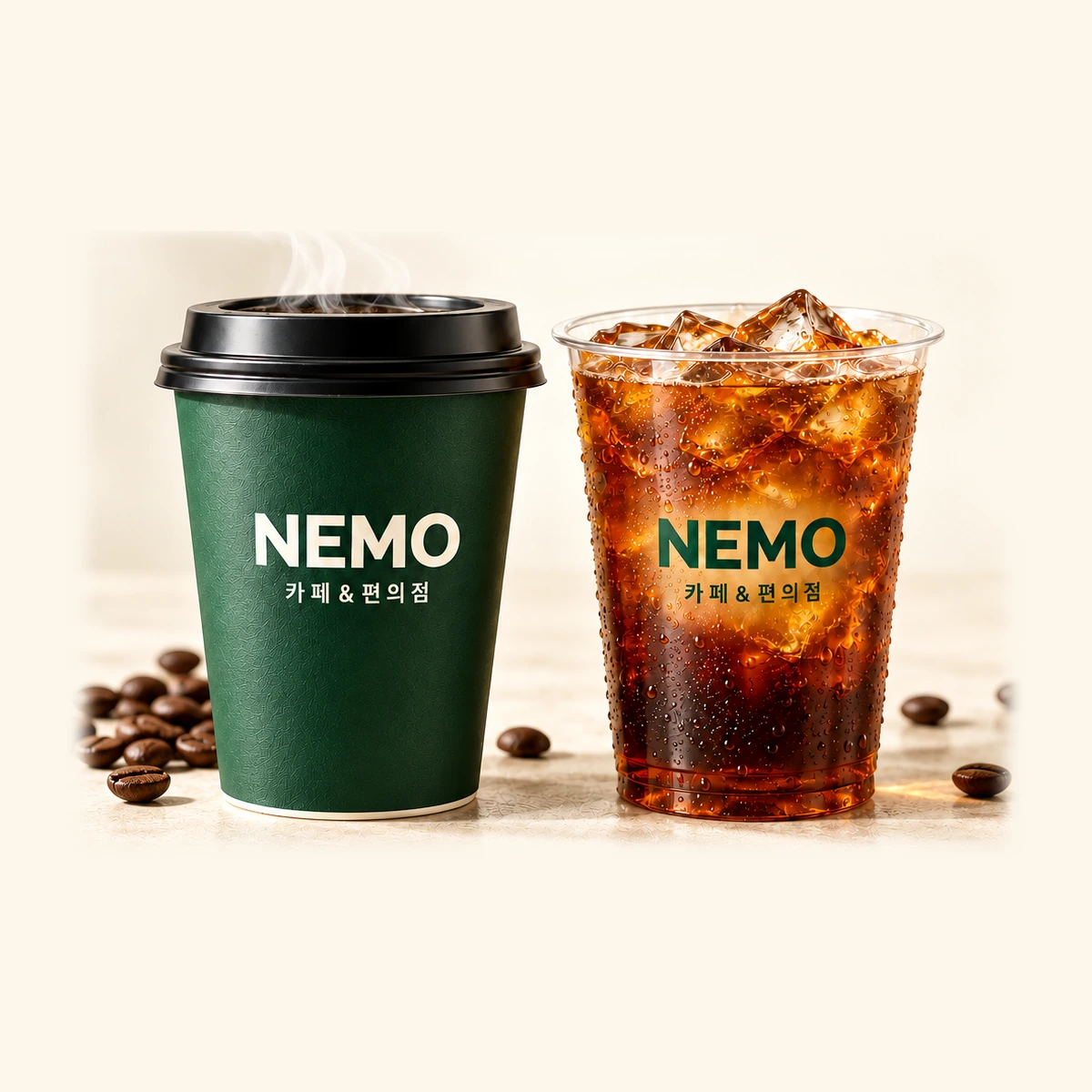 네모카페의 따뜻한 커피와 아이스 커피